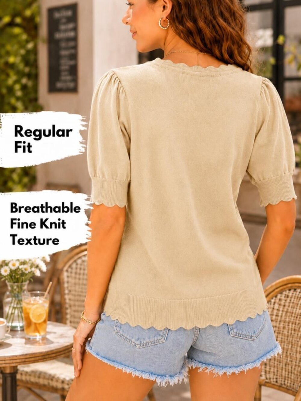 Women's Beige Short Sleeve Imported Pull On Casual Crew Neck Sweater - Picture 4 of 6